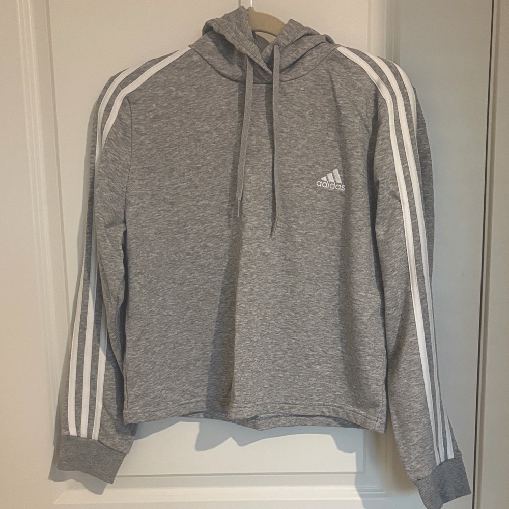 adidas heather gray hoodie with white accents